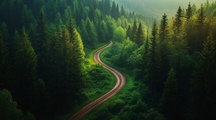 Obraz premium High-angle shot of a peaceful forest road, curving gracefully amid tall trees, with patches of light breaking through the branches in a soft, inviting glow.