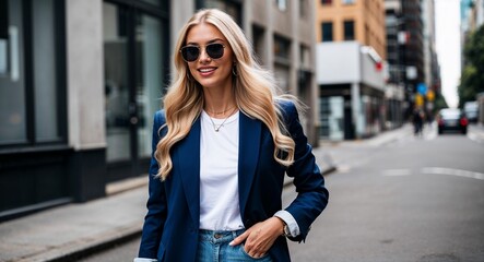 Fototapeta premium Stylish Young Woman with Long Blond Hair in Casual Blazer and Sunglasses on Urban Street