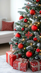 Enchanting snowdusted christmas tree adorned with radiant red ornaments and glowing lights