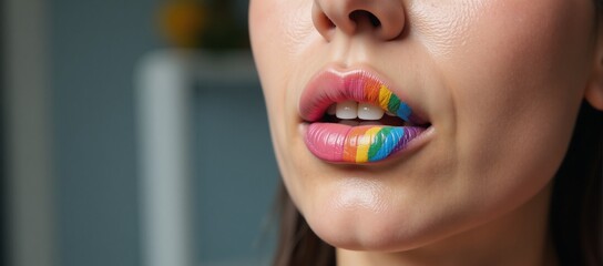 Woman showcasing vibrant LGBTQ symbols painted on lips using advanced technology for empowering...