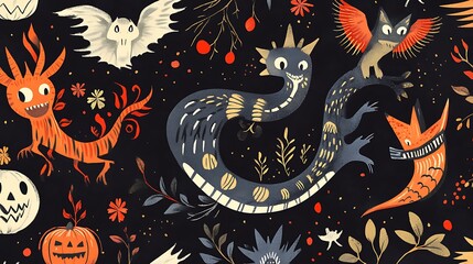 Obraz premium Halloween whimsical creature patterns with playful details