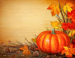autumn border with pumpkins and leaves
