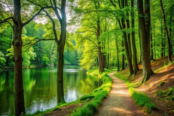 Fototapeta premium A lush green forest with tall trees and a winding path leading to a serene lake, landscape, nature, wilderness, forest, water