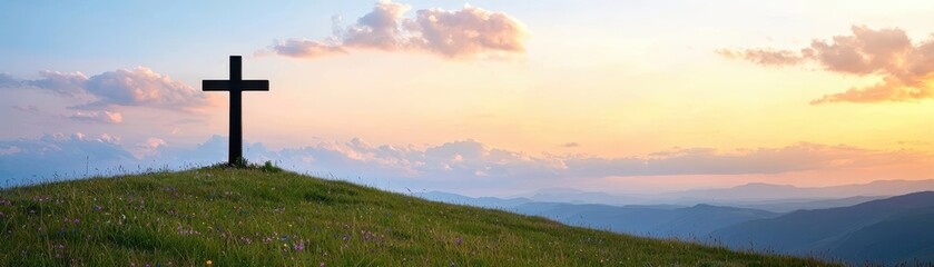 Obraz premium Cross silhouette on hilltop at sunrise.