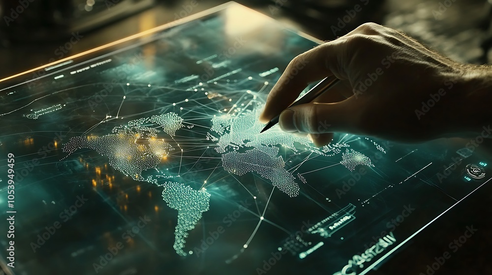 Poster a hand uses a stylus to interact with a digital world map on a touch screen tablet.