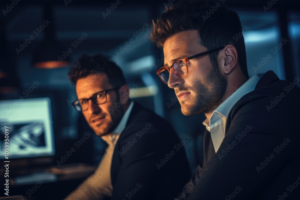 Poster two men in suits are sitting at a desk with a computer monitor in front of them. one of the men is w