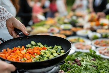Close-Up of Outdoor Party Food Served from Black Pots, Dinner Event Concept, Real Photograph