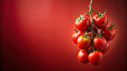 A warm red background with a bunch of freshly picked tomatoes hanging from the stem, fruit, greenery, botanical, vegetable, red background