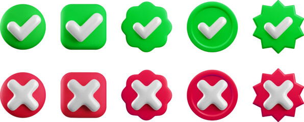 Vector 3d checkmarks icon set. Round, square, wavy, starburst yes tick and no cross buttons on white. Check mark and X symbol in green and red shape realistic 3d render. Right and wrong sign set.