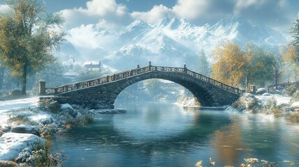 Obraz premium Serene winter landscape with a stone bridge and snowy mountains.