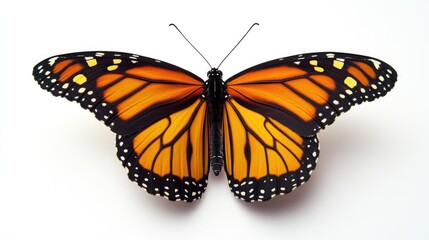 Obraz premium Large orange butterfly with black spots on its wings. The butterfly is resting on a white background