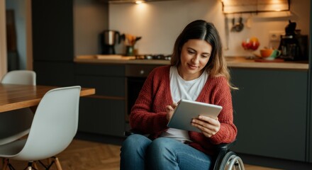 Woman in a wheelchair using a tablet in a modern kitchen.