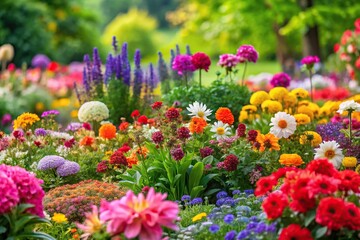 Obraz premium Colorful garden with blooming flowers in a variety of shapes and sizes, bloom, chamomile