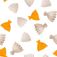 Seamless pattern of seashells and corals. Marine background. Underwater world. Hand drawn illustration on isolated background