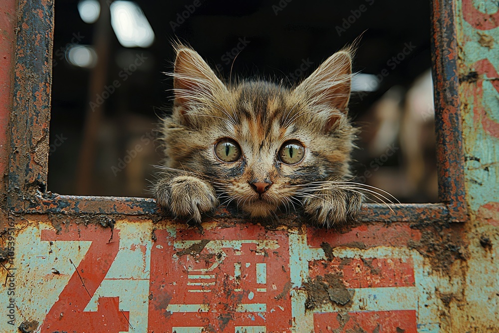 Poster A Curious Kitten Peeking Through a Rusty Window Frame
