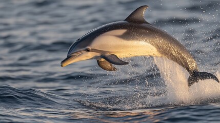 Obraz premium Majestic dolphin jumping from the ocean, warm sunset casting golden light on splashing water droplets.