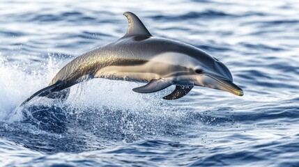 Fototapeta premium Majestic dolphin jumping from the ocean, warm sunset casting golden light on splashing water droplets.