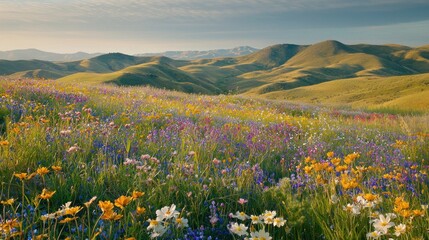 Fototapeta premium An expansive view of rolling hills covered in vibrant wildflowers during springtime. The foreground features a mix of colorful blossoms swaying gently in the breeze, leading the eye toward the