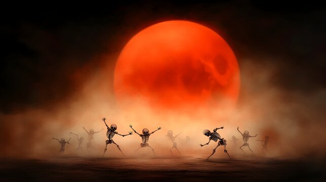 Skeletal figures dancing wildly and energetically under a blood red moon in a macabre moonlit ancient ruins setting inspired by the influence of Dia de los Muertos