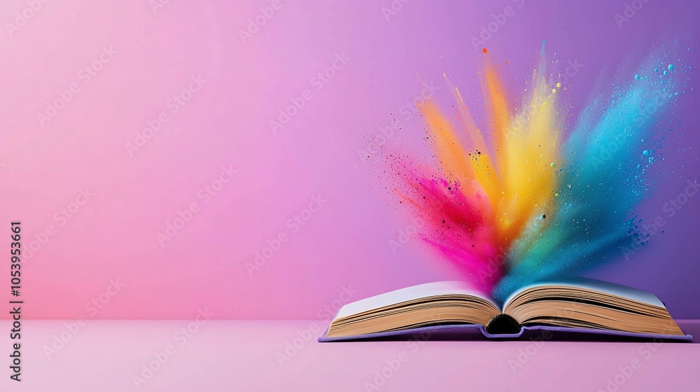 Poster unleashing creativity an open book bursting with colorful paint and abstract shapes - a dynamic of a