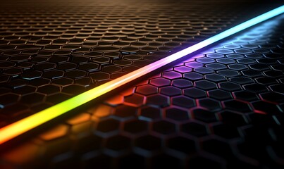 Obraz premium A neon light bar across a black honeycomb pattern background.
