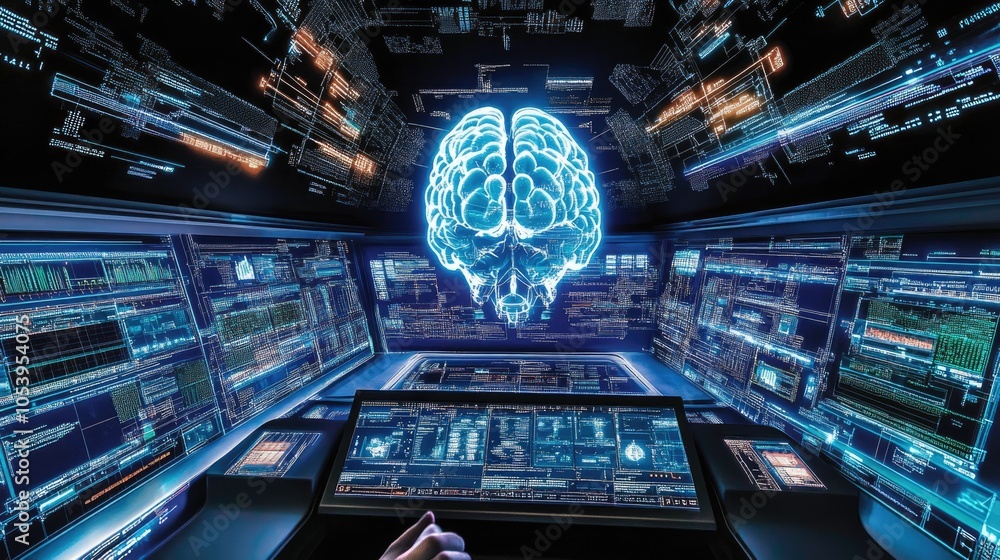 Poster ai-driven biotech lab with researchers analyzing large data screens displaying genetic information