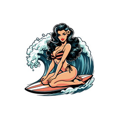 pin up surfing girl illustration vector