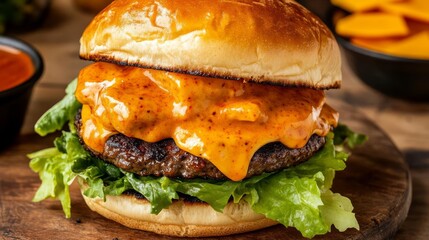 Burger with spicy chipotle sauce, cheddar, crispy lettuce, fluffy brioche, garden barbeque atmosphere