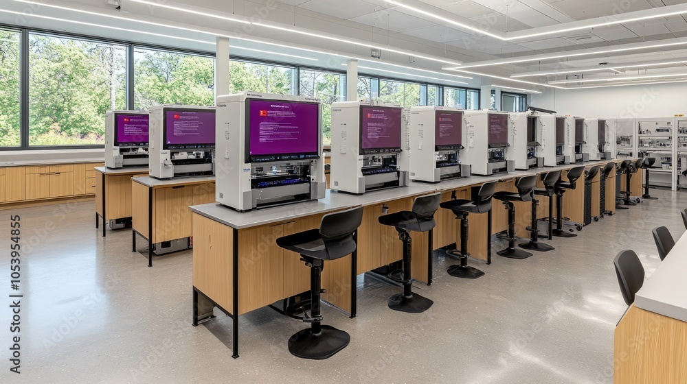Poster Biotechnology lab filled with high-tech devices and large monitors displaying gene sequencing data