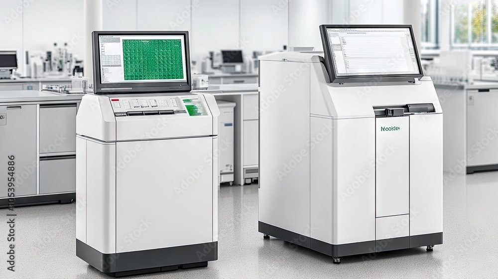 Poster biotechnology lab filled with high-tech devices and large monitors displaying gene sequencing data