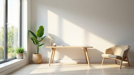 Fototapeta premium The interior of a modern office with fresh flowers and wood elements. Large panoramic windows in the interior. A desk in the office.