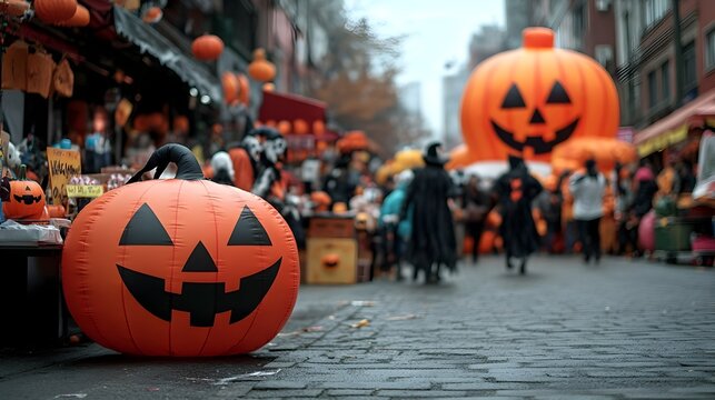 Lively and colorful Halloween street fair scene with costumed revelers browsing vendor stalls festive holiday a giant inflatable jack o  lantern towering over the festive gathering