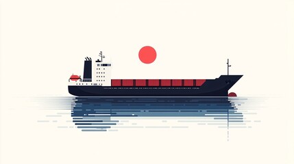 A minimalist, geometric illustration of a cargo ship sailing on a flat, calm sea. The ship is reduced to simple shapes, creating a sense of modernism and elegance.