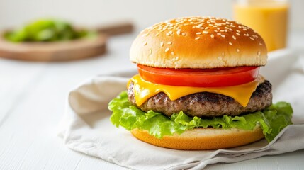 Classic burger with tomato, lettuce, cheddar on lightly toasted brioche, bright cafe setting, cozy ambiance