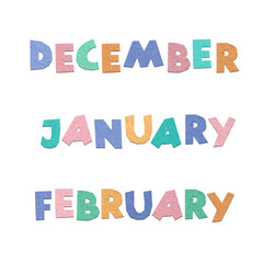 Lettering word December, January, February. Paper cut letters. Winter decorative element for banners, posters, Cards.