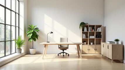 Fototapeta premium The interior of a modern office with fresh flowers and wood elements. Large panoramic windows in the interior. A desk in the office.
