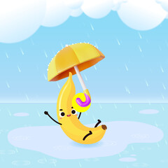 Happy Banana Cartoon Character smiling and holding an umbrella