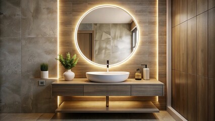 Round illuminated mirror and washbasin in bathroom