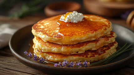 Cottage cheese pancakes with honey drizzle