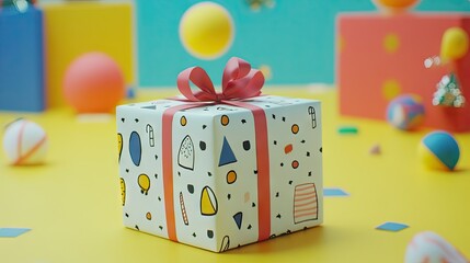 Close-up of a wrapped gift with a bow, set against a festive, colorful background.
