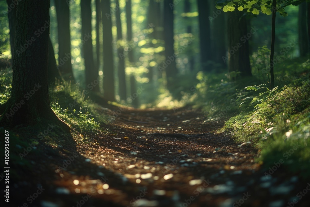 Poster forest path with trees on either side. the path is covered in leaves and dirt. the sunlight is shini