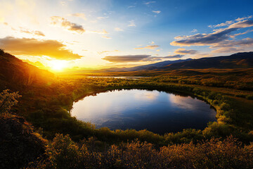 Fototapeta premium River and mountains in a circular form, showing the interconnected cycle of water and land ecosystems