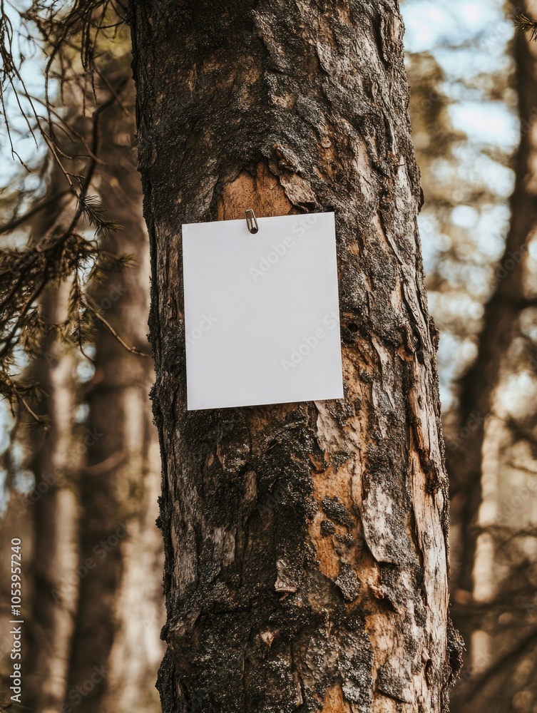 Poster white sign is hanging from a tree. the sign is empty and has no writing on it. the tree is surrounde