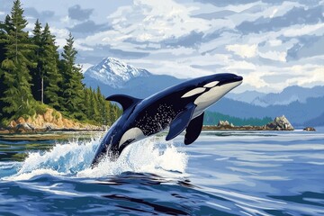 Obraz premium Orca in Vancouver Island: Bigg's Whale Leaping in Coastal Canadian Waters