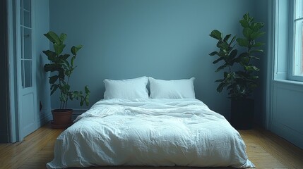 A serene bedroom featuring a simple bed and potted plants against a soft blue wall.