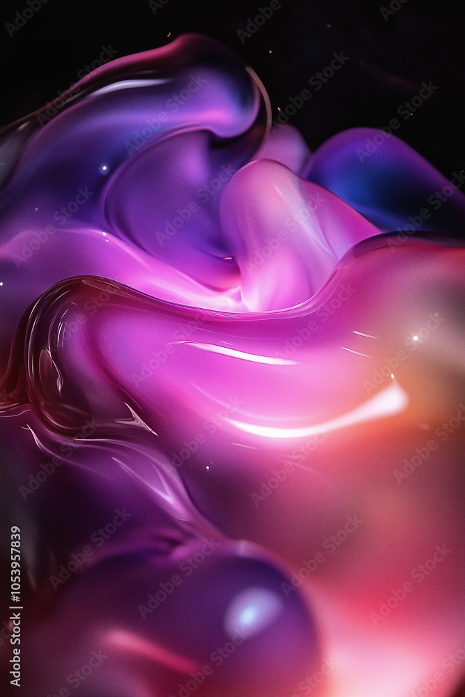 Poster abstract purple and pink liquid-like shapes swirl dynamically, creating light.