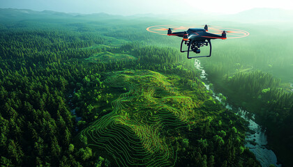 LiDAR Technology Scanning a Vibrant Landscape with High-Tech Drone