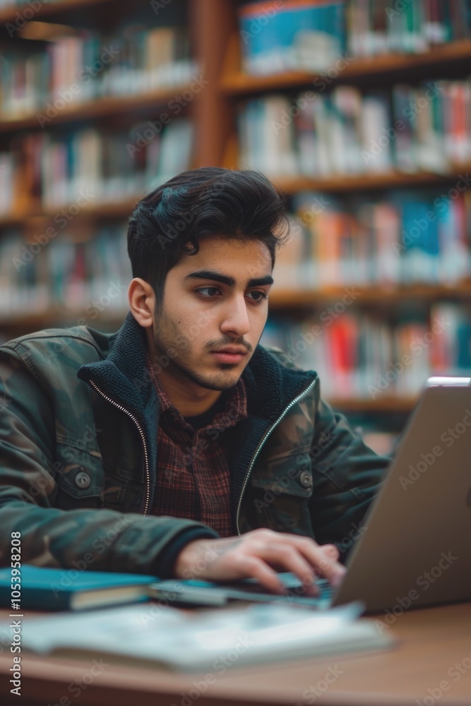 Aufkleber man is sitting at a desk with a laptop open in front of him. he is wearing a black jacket and a plai