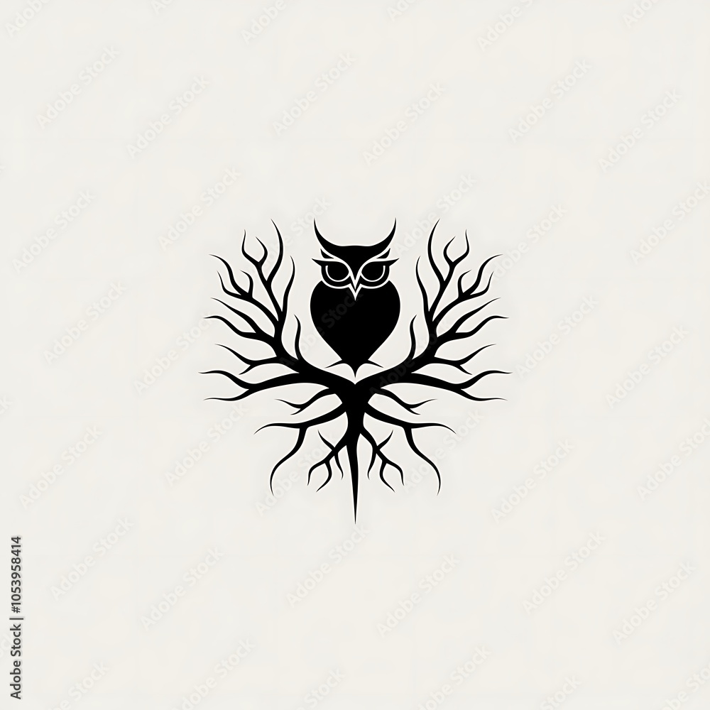 Poster a stylized black owl perched on a tree branch with roots.