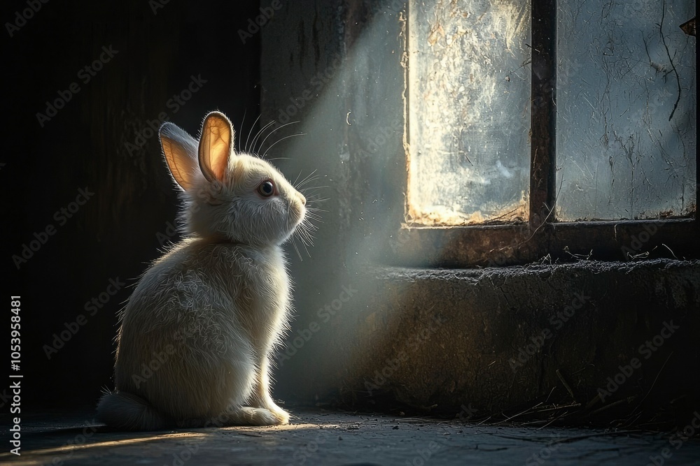 Poster white rabbit sitting by a window with sunlight streaming in